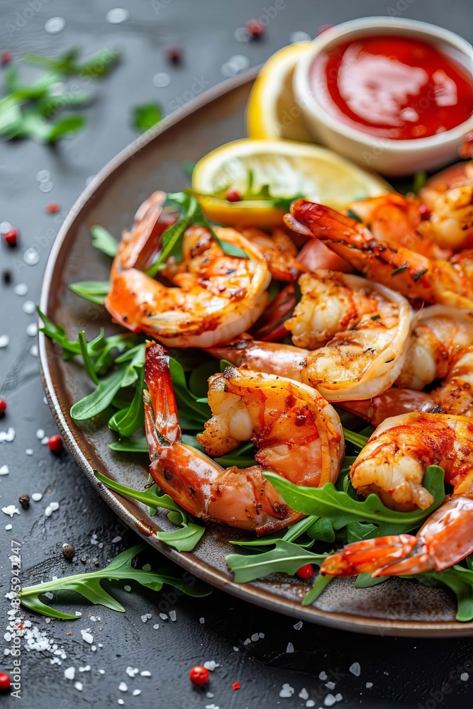 Fried shrimps on a plate with vegetables, Generative AI, Fried shrimps on a plate with vegetables, Generative AI,