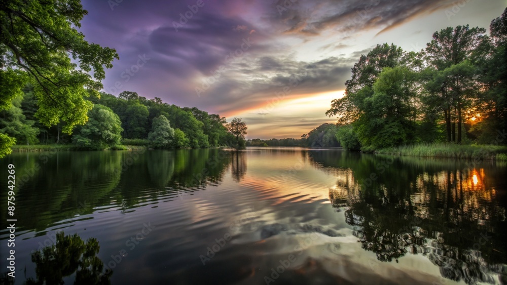 Fototapeta premium a lake with trees and clouds reflected in the water
