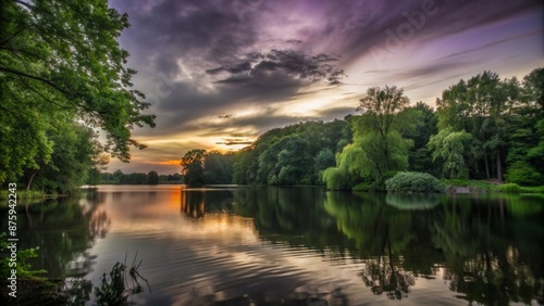 a beautiful sunset over a lake with trees and water © Komkrit