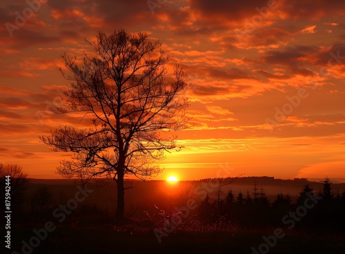 Lonely Tree In Field At Sunset
