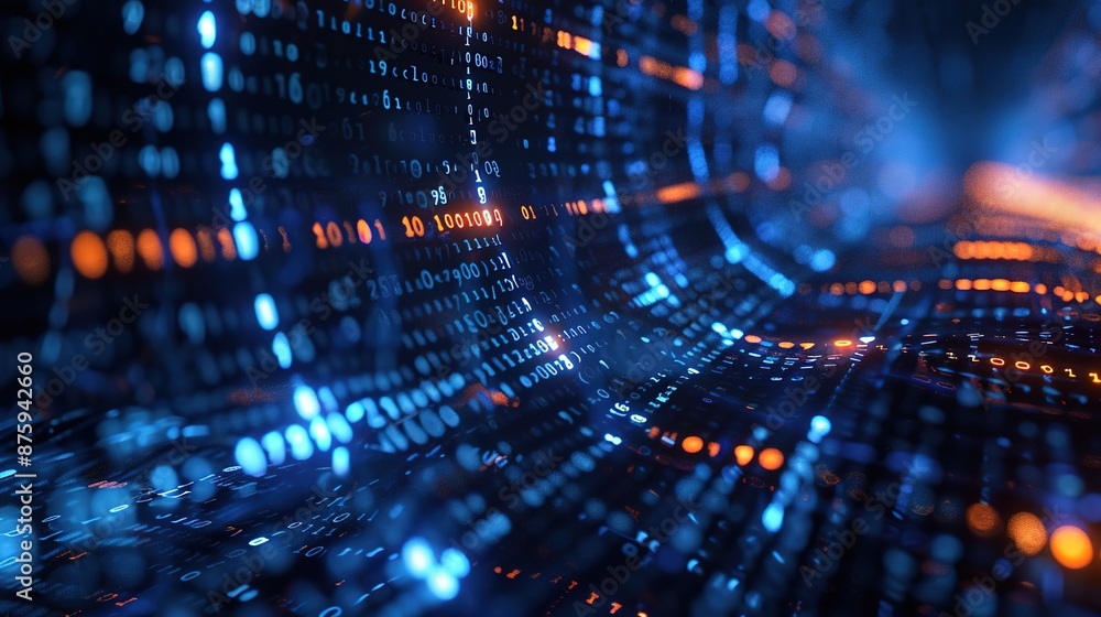 Data Streams of Binary Code in Abstract Forms Signifying Digital Progression on Dark Background Data Streams of Binary Code in Abstract Forms Signifying Digital Progression on Dark Background