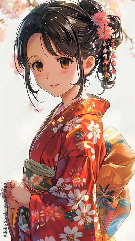 A cute anime girl with brown hair wearing a red kimono with white and pink flowers A cute anime girl with brown hair wearing a red kimono with white and pink flowers