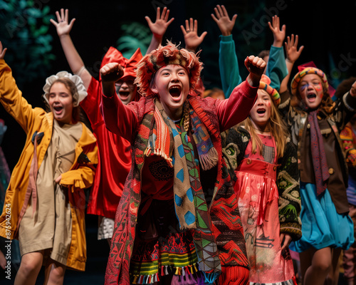 group of enthusiastic students performing in a vibrant school play with energy and excitement