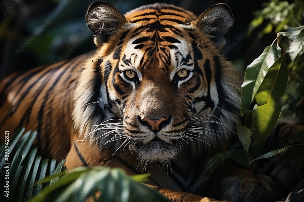 Fototapeta premium Vivid portrait of a tiger, lush foliage background.