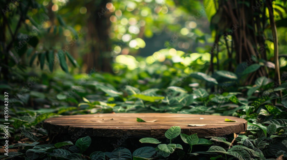 Fototapeta premium A wooden podium stands in the heart of a lush forest. Its surface is adorned with vibrant green leaves, seamlessly blending into the surrounding foliage.