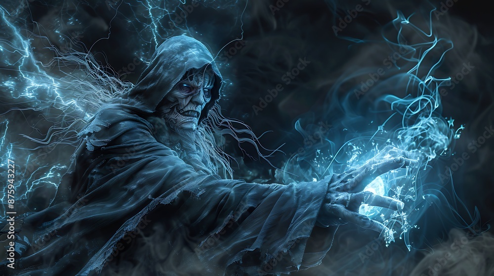 The enraged sorcerer of evil spirits casts a spell very detailed and realistic shape