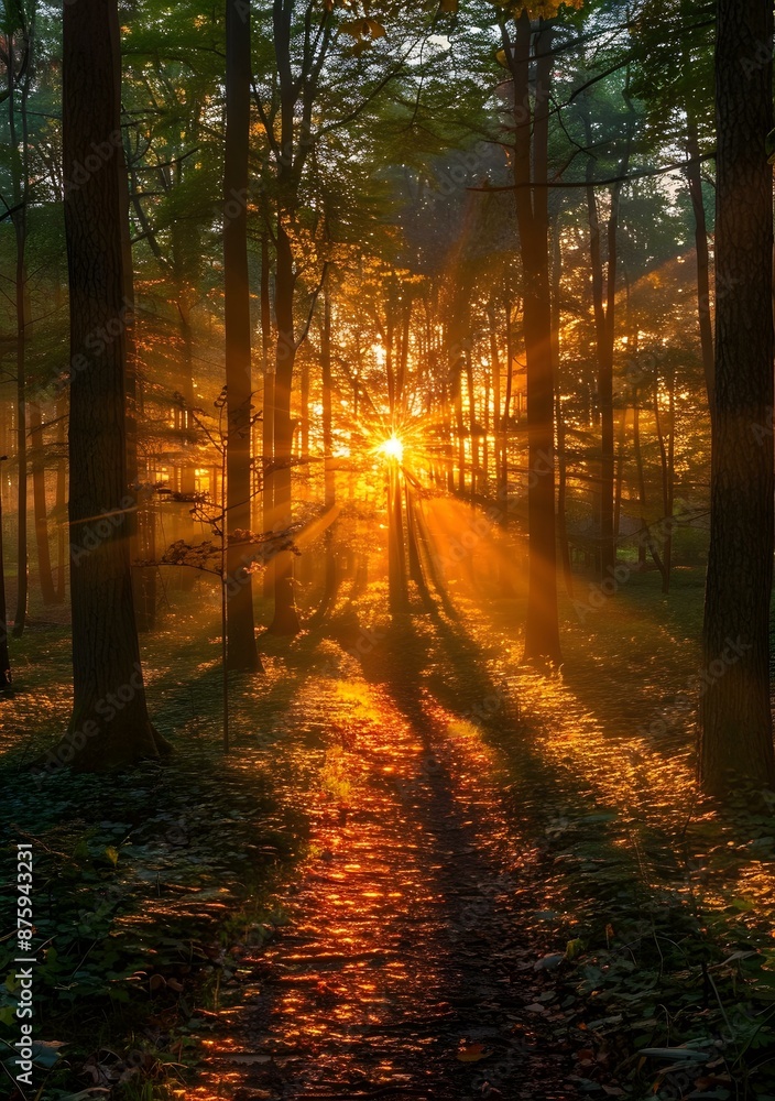 Fototapeta premium The sun shines through the forest