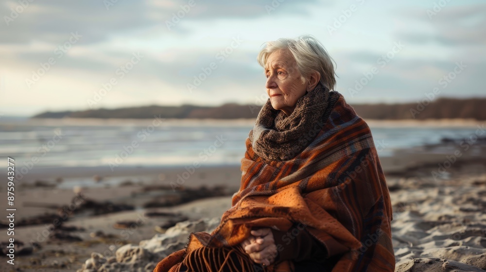 Senior woman wearing shawl sitting on beach