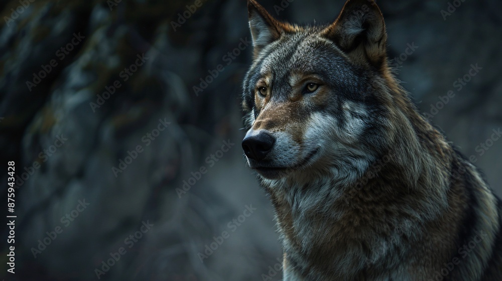 Fototapeta premium Close-up of a grey wolf's face, highlighting its features.