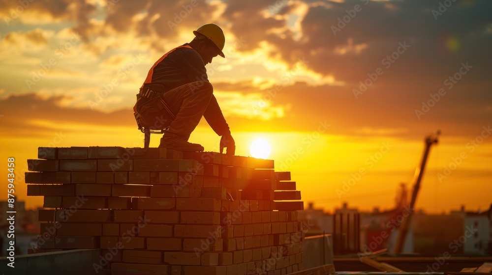 Silhouette of a construction worker laying bricks at a construction site. The worker precise movements and the partially built wall are framed against the last light of the setting sun, illustrating Silhouette of a construction worker laying bricks at a construction site. The worker precise movements and the partially built wall are framed against the last light of the setting sun, illustrating