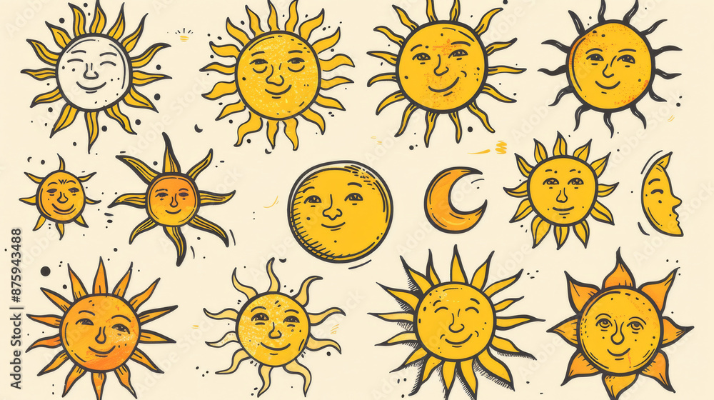 Collection of hand-drawn sun icons. These icons can be used to represent sunshine, summer, and other sunny elements. Collection of hand-drawn sun icons. These icons can be used to represent sunshine, summer, and other sunny elements.