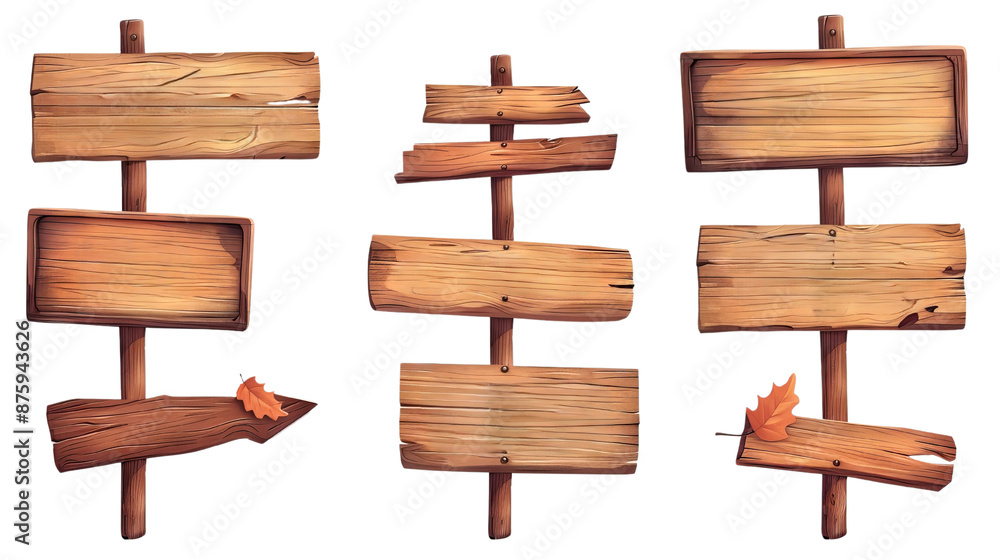 Set of rustic wooden signposts with autumn leaves, perfect for nature-themed designs, directional signs, and seasonal decor. Set of rustic wooden signposts with autumn leaves, perfect for nature-themed designs, directional signs, and seasonal decor.