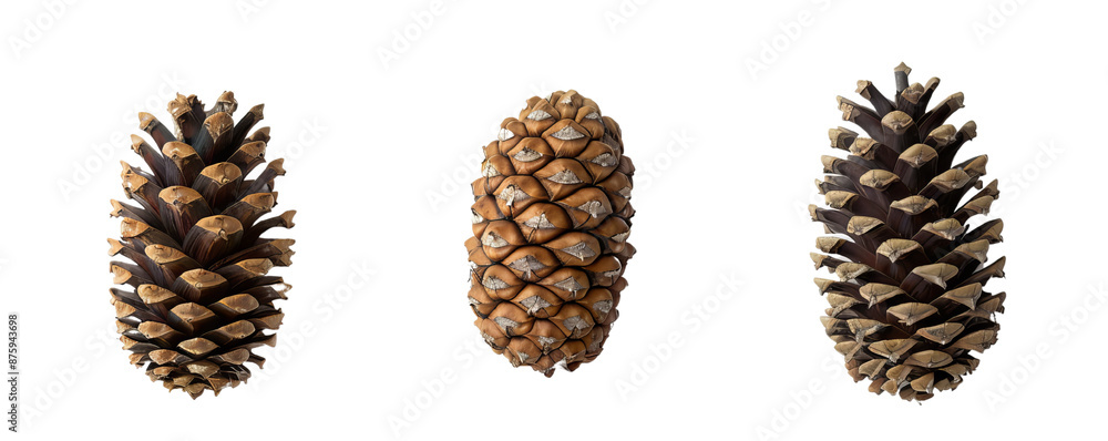 Three isolated pine cones against a white background, showing different shapes and patterns, perfect for nature and botanical themes. Three isolated pine cones against a white background, showing different shapes and patterns, perfect for nature and botanical themes.