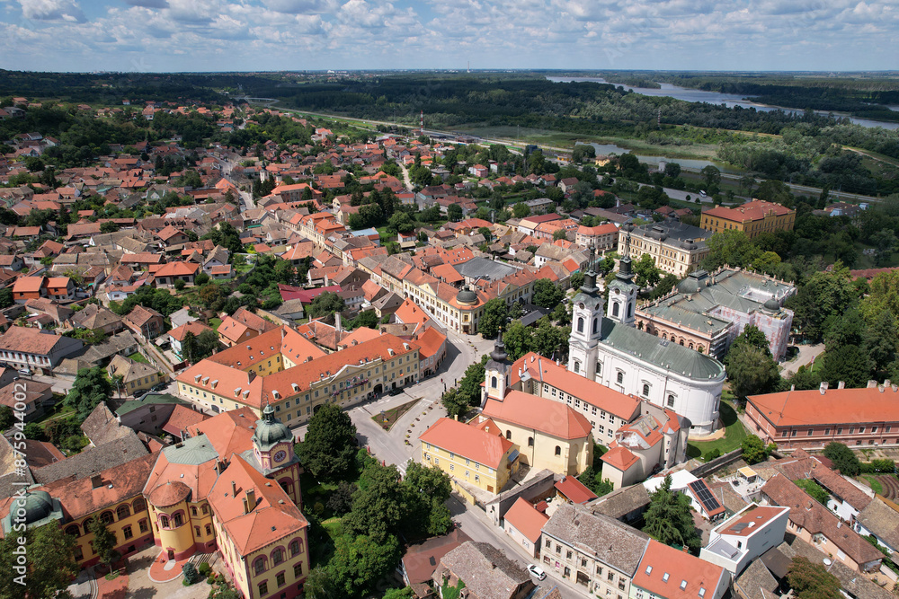 Obraz premium Aerial view of historical part of Sremski Karlovici town and orthodox cathedral on sunny day. Serbia.