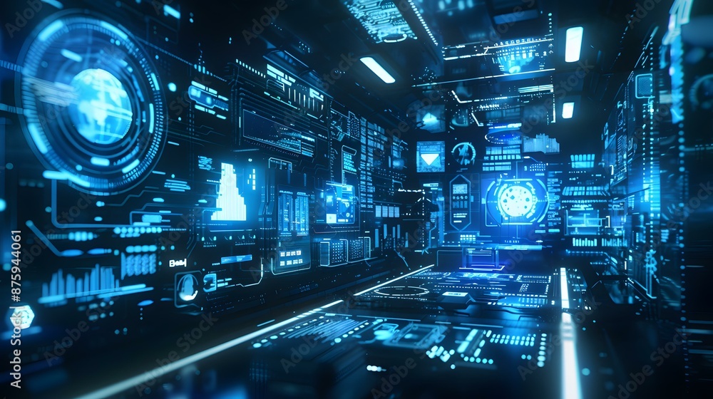 Futuristic control room interior with digital interface Futuristic control room interior with digital interface