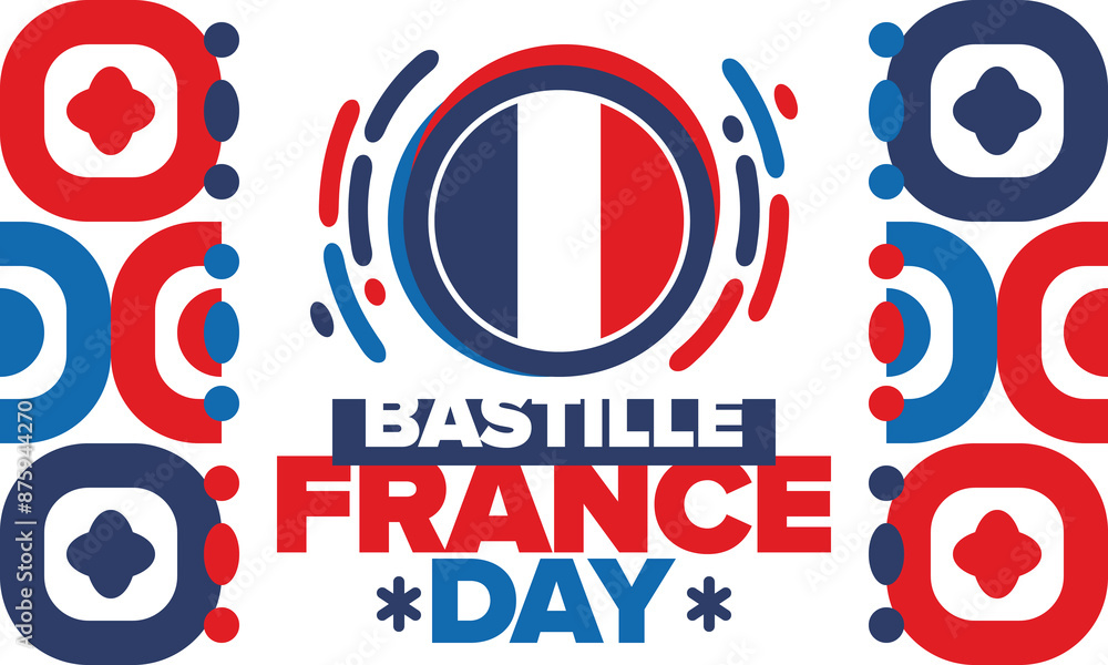 Fototapeta premium France Bastille Day. National happy holiday, celebrated annual in July 14. French flag. France independence and freedom. Patriotic elements. Festive and parade design. Vector poster illustration