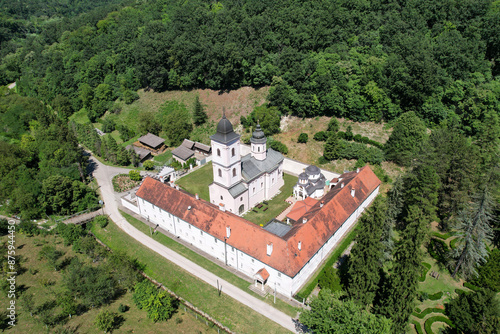 Aerial view of Beochin Monastery (on of the most popular touristic destinations in the country) on sunny day. Serbia. photo