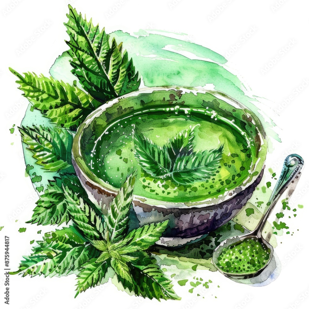 Obraz premium Fresh Nettle Leaf Soup. Healthy Herbal Meal with Wild Nettle Leaves and Essential Ingredients