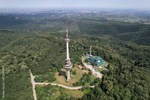 Aerial view of Irishki Venac Tower in Frushka Gora national park on sunny day. Serbia. photo