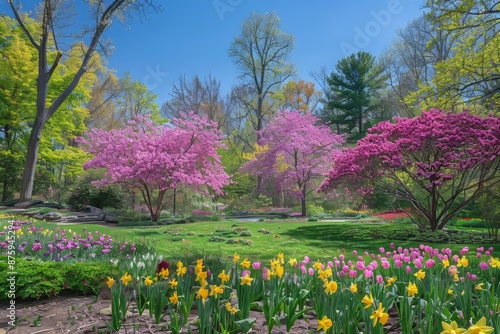 Wallpaper Mural A bright spring garden with colorful flowers and the rejuvenating energy of nature. Bright flowers fill the scene under a blue sky Torontodigital.ca