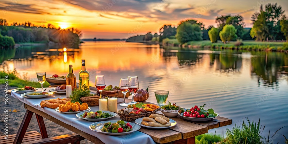 Obraz premium Table with assortment of food and drinks set up along a river bank at dusk, picnic, outdoor dining