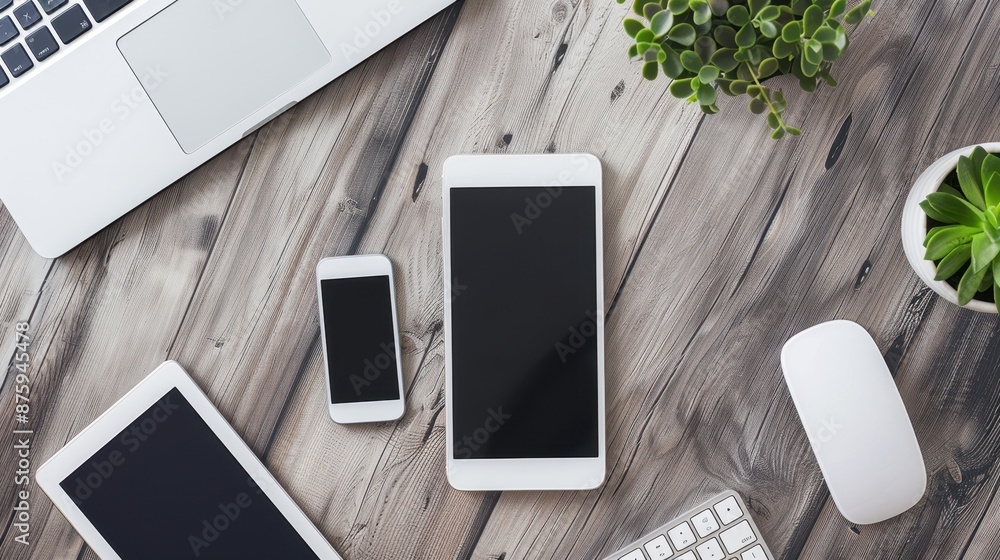 office desk for responsive web design. Smart phone, keyboard and tablet mock up template