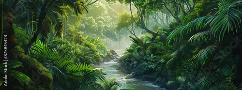 A lush green jungle with a river running through it generated by AI