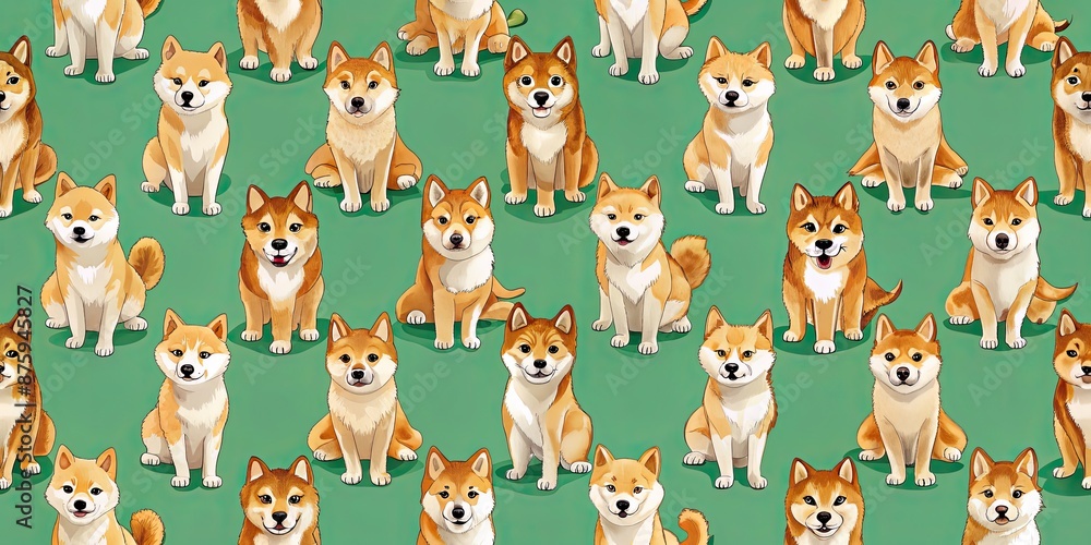 Seamless pattern featuring adorable shiba inu dogs in various poses, shiba inu, dog, seamless, pattern, cute, pet, Japanese Seamless pattern featuring adorable shiba inu dogs in various poses, shiba inu, dog, seamless, pattern, cute, pet, Japanese