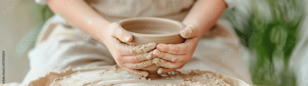 Child crafting pottery on wheel, close-up of hands Child crafting pottery on wheel, close-up of hands