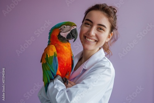 Veterinarian Hugging a Colorful Parrot - Veterinary Care, Animal Love, Exotic Pet Care photo