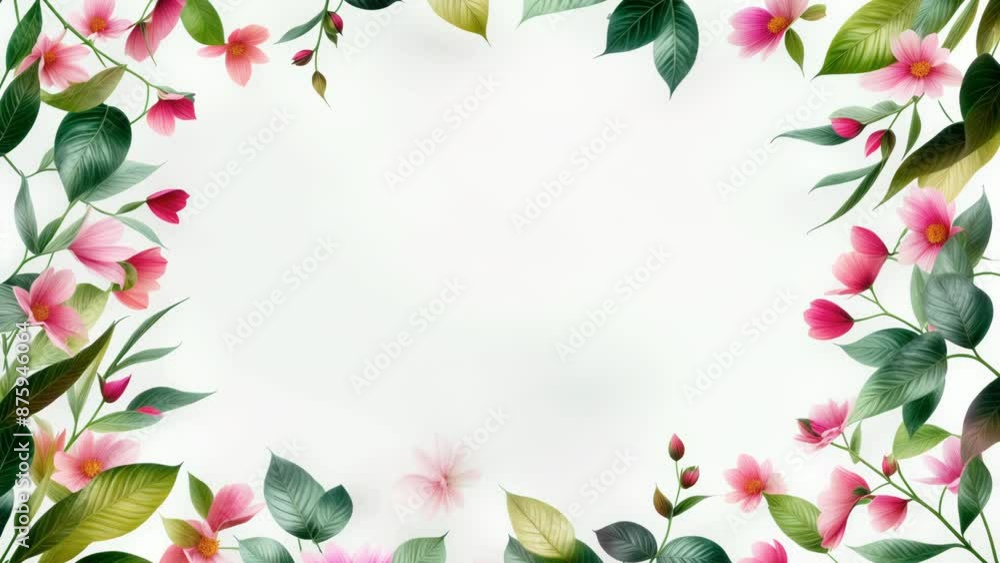 Spring Flowers Frame: Delicate Pink Cosmos and Green Leaves Create a Beautiful Border on a White Background. Perfect for Spring, Nature, and Design Projects. Spring Flowers Frame: Delicate Pink Cosmos and Green Leaves Create a Beautiful Border on a White Background. Perfect for Spring, Nature, and Design Projects.