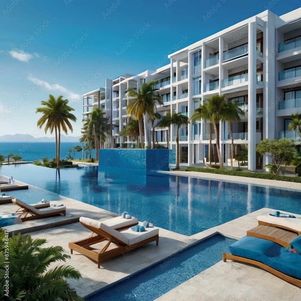 Fototapeta premium Azure Oasis: Evoking the vibrant blue hues of the ocean against a backdrop of clear skies