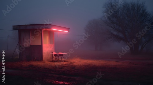 Neon Lit Cabin at Night