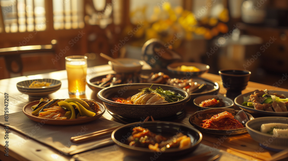 Fototapeta premium A table set with traditional Korean bibimbap, in a traditional Korean house, vegan food setting, traditional food 