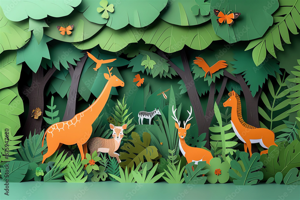 Naklejka premium Design a paper cut scene of a dense forest with various animals hidden among the trees and foliage.