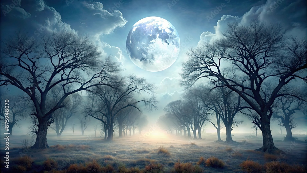 Spooky halloween landscape with barren trees, fog, and full moon , haunted, creepy, eerie, misty, scary, dark, night Spooky halloween landscape with barren trees, fog, and full moon , haunted, creepy, eerie, misty, scary, dark, night
