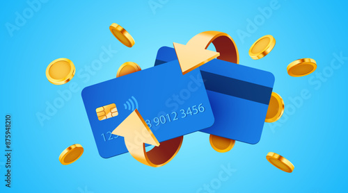 Cashback icon with credit card isolated on blue background. Cashback or money back label.