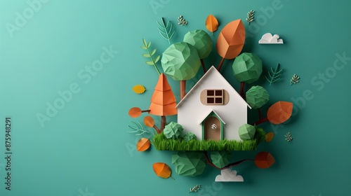 Whimsical paper art of a house surrounded by abstract trees and foliage against a teal background. Perfect for conceptual and creative projects. photo