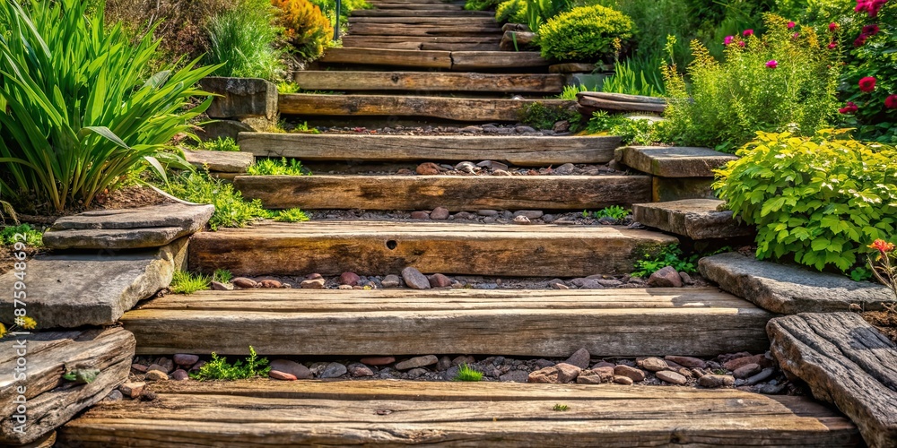 Rugged railway sleeper steps creating a rustic garden pathway, railway ...