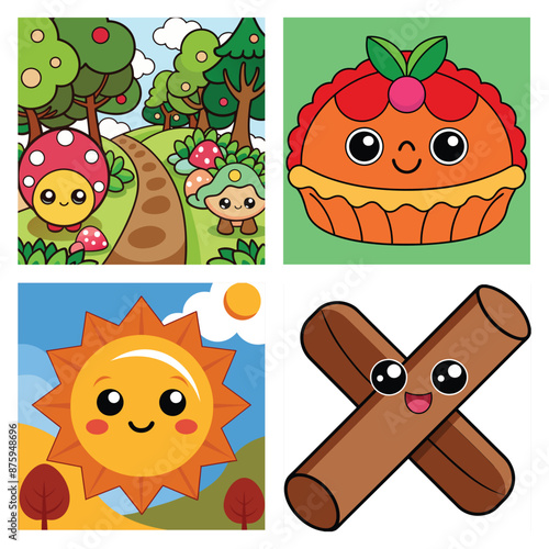 Cute Cartoon Illustrations of a Forest Path, Pie, Sun, and Sticks, Four illustrations featuring cartoon characters are shown. The top left illustration depicts a forest path with trees, grass.