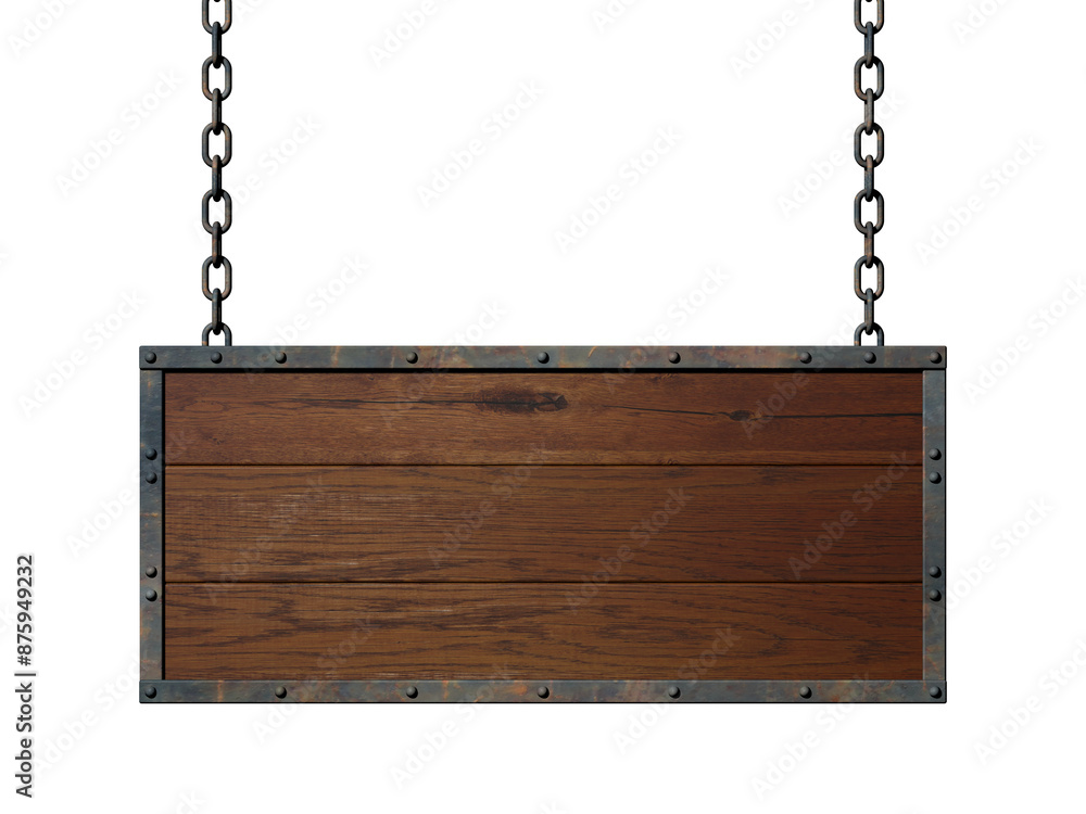 an Ketten hängendes Holzschild mit Metallrahmen an Ketten hängendes Holzschild mit Metallrahmen