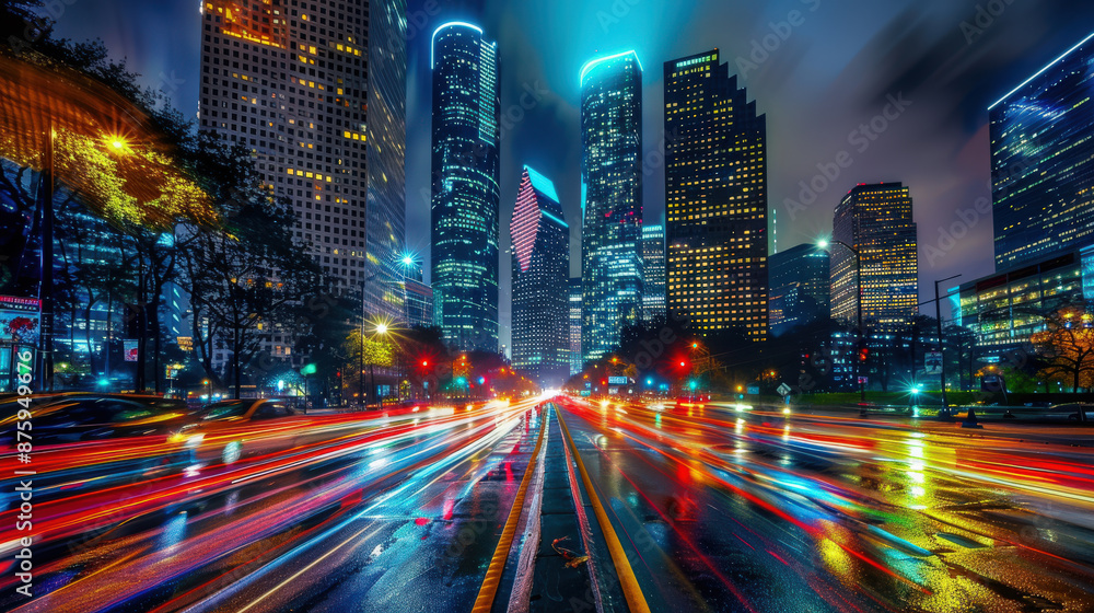 Obraz premium Cityscape at Night with Light Trails