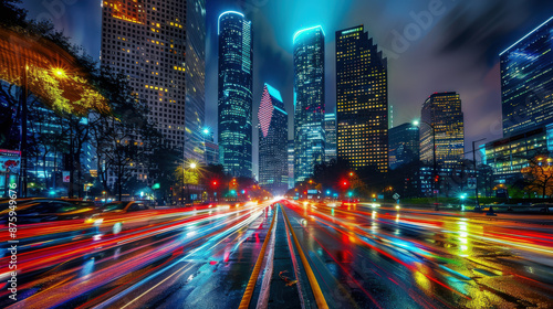 Cityscape at Night with Light Trails