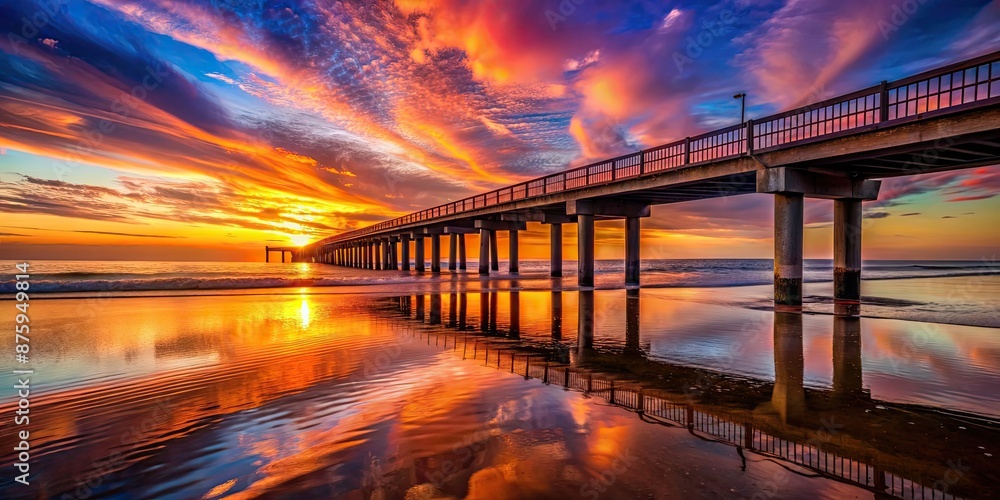 Fototapeta premium Vibrant sunset casting warm hues over a bridge on the beach, sunset, bridge, beach, orange sky, ocean, tranquil, peaceful
