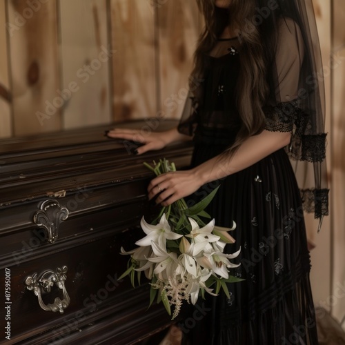 Solemn Farewell: Woman with Lilies at Funeral