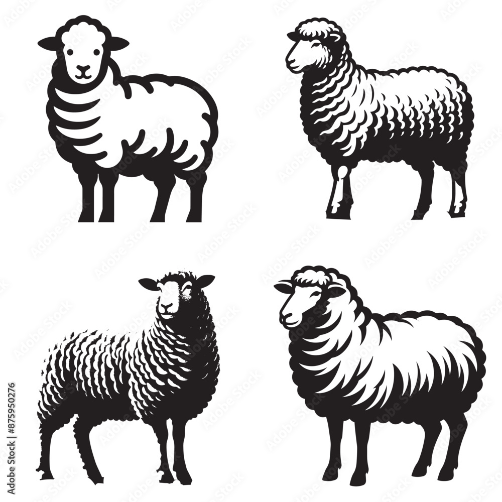 4 sets black of Sheep Standing silhouette isolated on white background ...