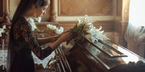 Solemn Farewell: Woman with Lilies at Funeral