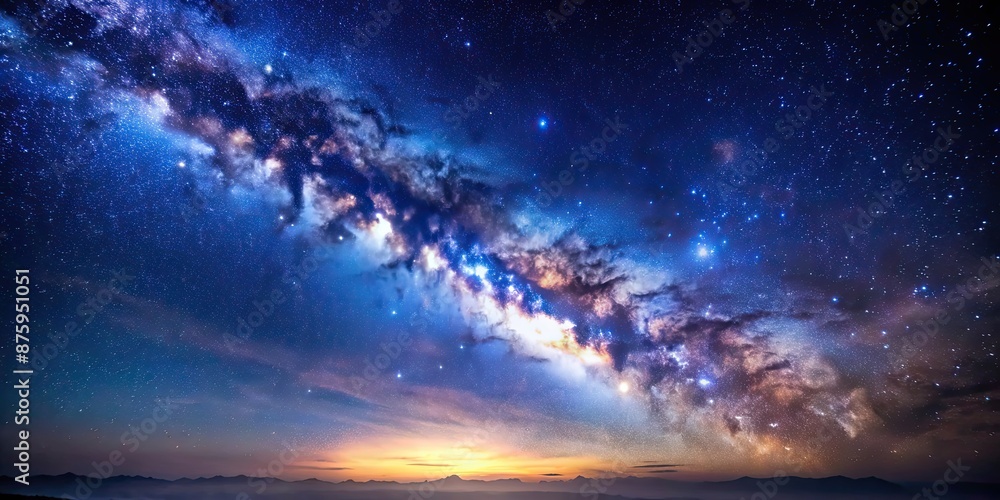 Fototapeta premium Milky Way Galaxy shining brightly against a blue starry sky, Stellar, Shimmer, Illuminating, Blue, Starry, Sky, Milky Way