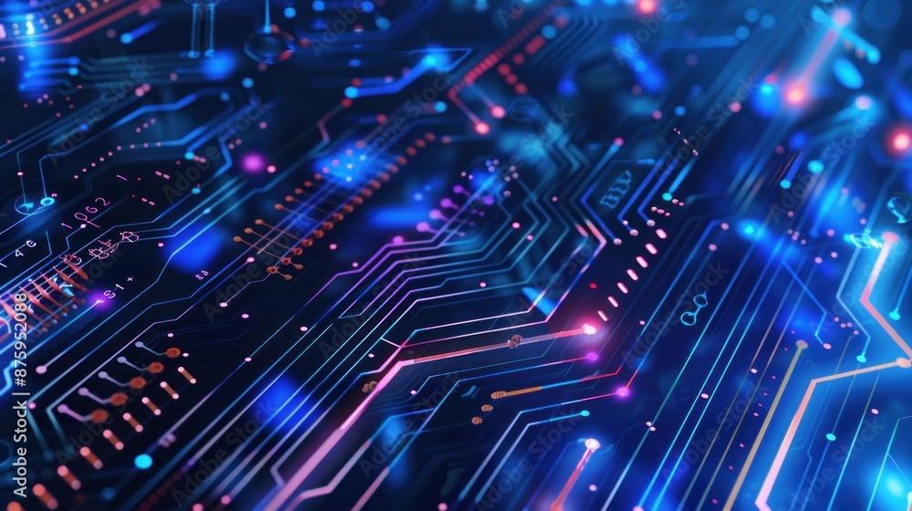 Circuit Board with Glowing Lines