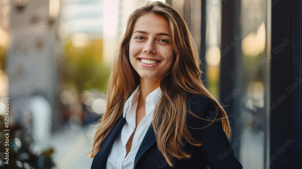 business woman in a suit standing smiling for a portrait outdoors